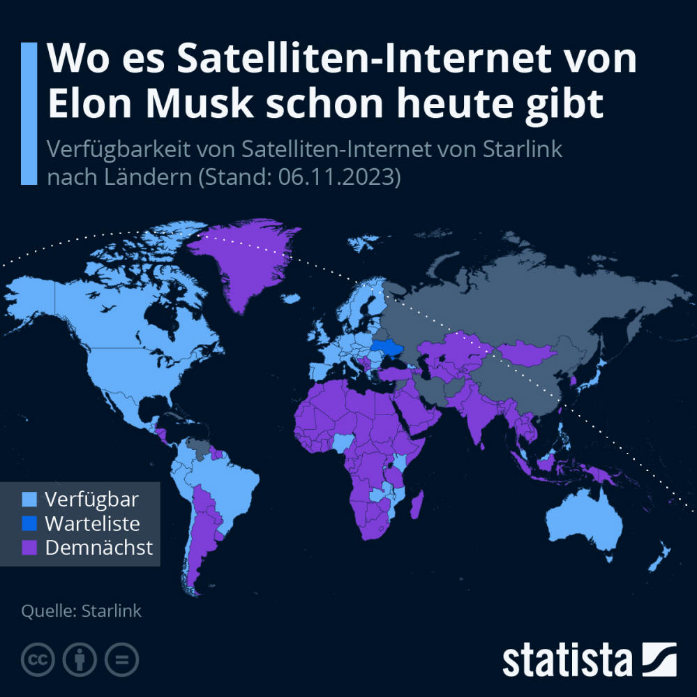 Infografik: Wo es Satelliten-Internet von Elon Musk schon heute gibt | Statista