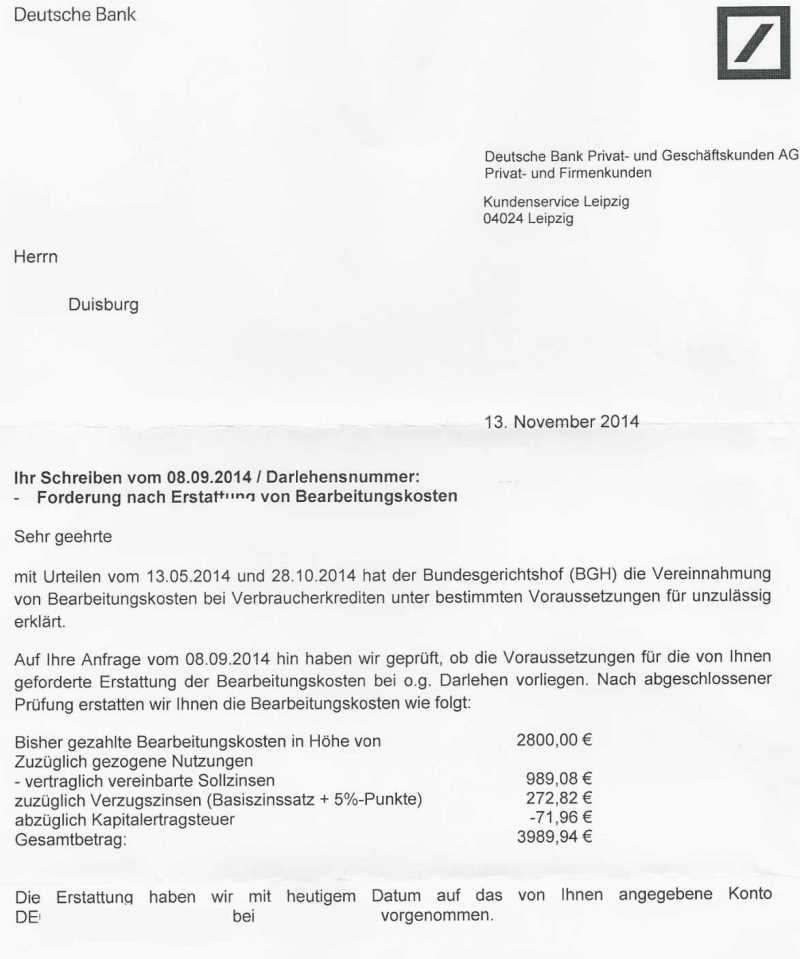 Bz Duisburg Loka Lkreditbearbeitungsgebühren Olg Musterbrief